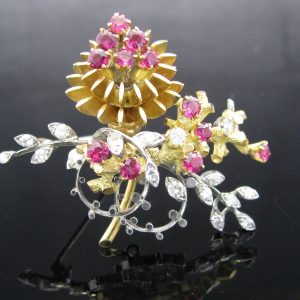 Diamond and Ruby Brooch 18K Gold