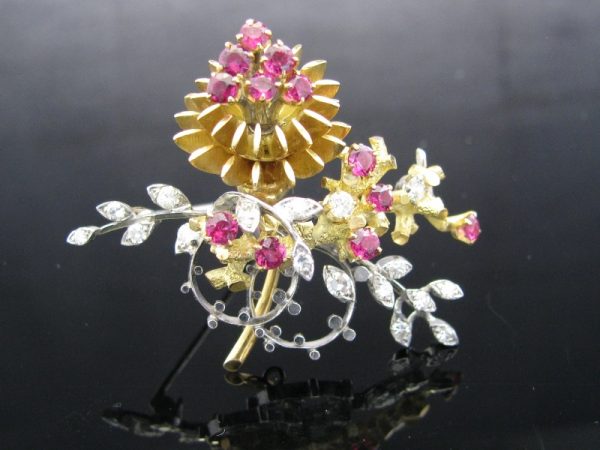 Diamond and Ruby Brooch 18K Gold