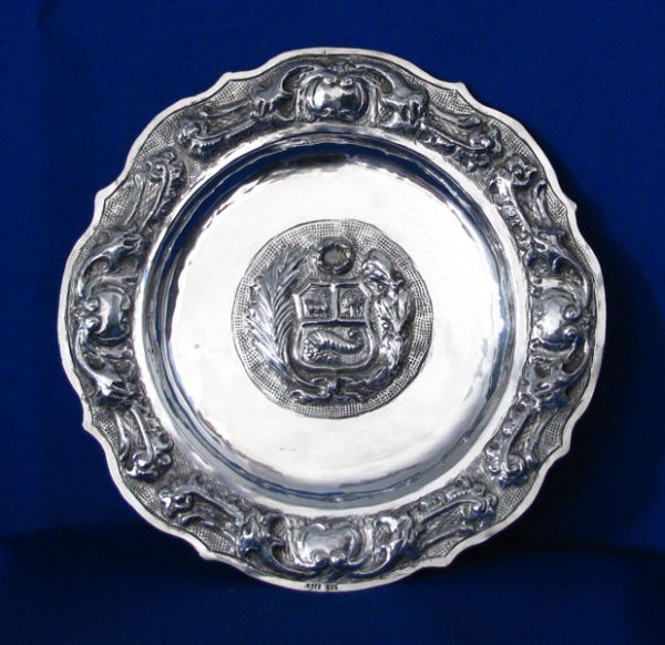 Silver Wall Plaque/ Plate with Peruvian Coat of Arms