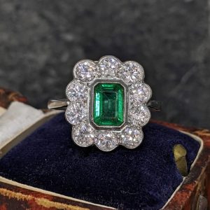 Emerald and Diamond Cluster Ring - Platinum