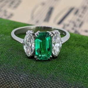 Vintage Colombian Emerald and Marquise Diamond Ring in 18k Gold