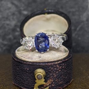 Sapphire and Old Cut Diamond Trilogy Ring in Platinum