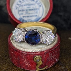 Stunning Sapphire and Old Cut Diamond Three Stone Ring