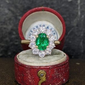 Emerald and Diamond Cluster Ring set in 18k Gold and Platinum