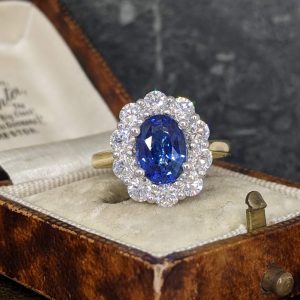 Large Sapphire and Diamond Cluster in 18k Gold and Platinum