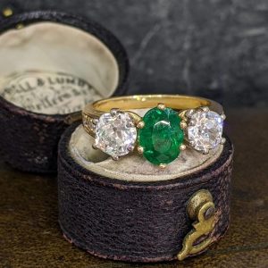 Emerald and Old Cut Diamond Ring in 18k Yellow Gold