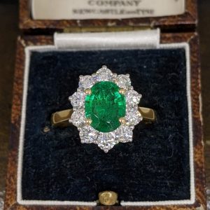 Emerald and Diamond Cluster Ring - 18k Gold and Platinum