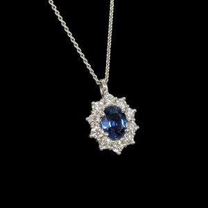 Sapphire and Diamond Cluster Pendant in 18k White Gold