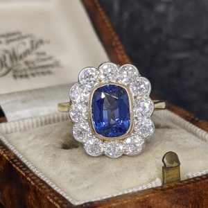 Elongated Cushion Cut Sapphire and Old Cut Diamond Ring in 18k Gold