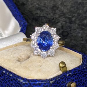 Large 2ct Sapphire and Diamond Cluster - 18k Gold and Platinum