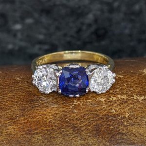 Sapphire and Diamond Three Stone in 18k Gold and Platinum