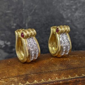 Vintage Ruby and Diamond Scroll Earrings in 18k Gold