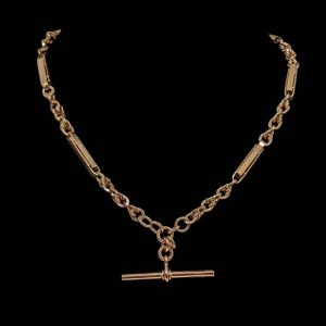 Antique Trombone Link Necklace with T Bar - 9k Gold