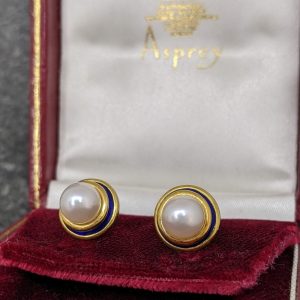 Vintage Asprey Pearl and Enamel Earrings in 18k Gold