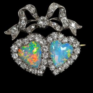 Exceptional Victorian Double Heart Opal and Diamond Brooch