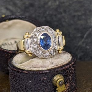 Vintage Sapphire and Diamond Scroll Ring in 18k Gold