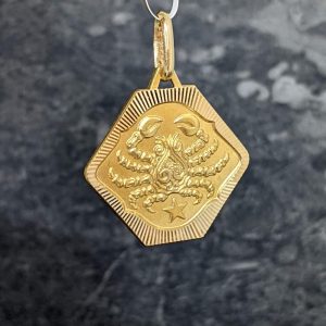 Gold hexagonal pendant with an embossed crab design and a small star at the bottom, hanging from a ring.