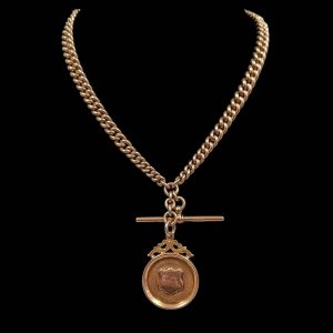 Antique Curb Link Necklace with T Bar and Medal in 9k Gold