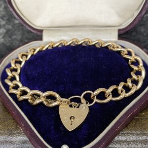 Vintage Curb Bracelet with Heart Lock - 9k Gold