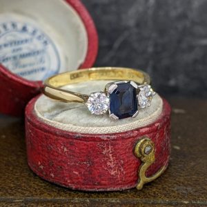 Pretty Sapphire and Diamond Three Stone in 18k Gold and Platinum