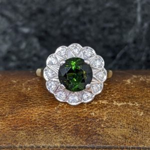 Vintage Green Tourmaline and Diamond Cluster Ring in 18k Gold