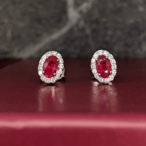 Ruby and Diamond Cluster Earrings in 18k Gold