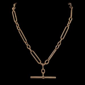 Antique Trombone Link Chain with T Bar in 9k Gold - 15.75"