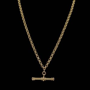 Vintage Belcher Link Chain with Sapphire Set T Bar - 9k Gold